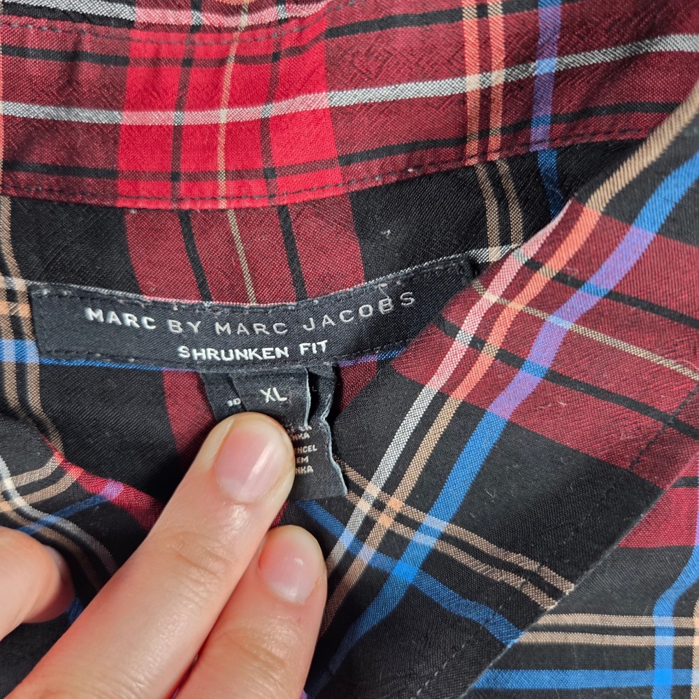Marc by Marc Jacobs Button Down Mens XL Black Plaid Shrunken Fit Tencel Shirt - Picture 4 of 9